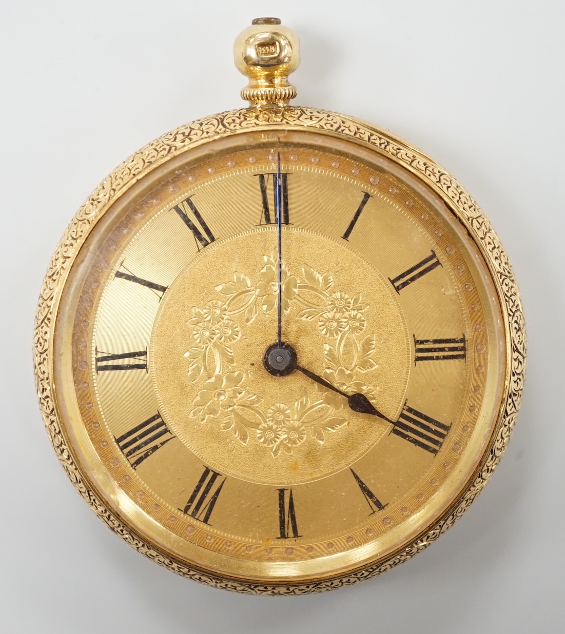 A continental 18k yellow metal open faced fob watch, with Roman dial and key, 40mm, gross weight 41.8 grams.